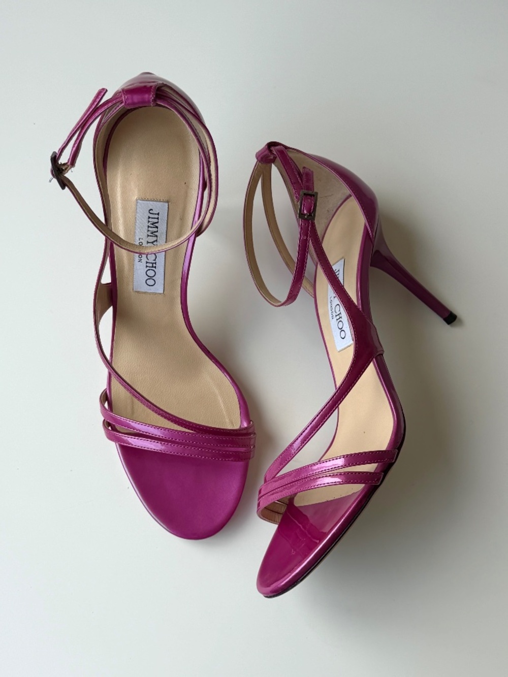 Vintage Jimmy Choo fuchsia patent leather strappy sandals, IT 40.5